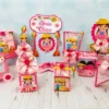 Molde de topo de bolo temático festa junina aniversário infantil rosa nos formatos Studio e PDF para decoração de festas e impressão em alta resolução.