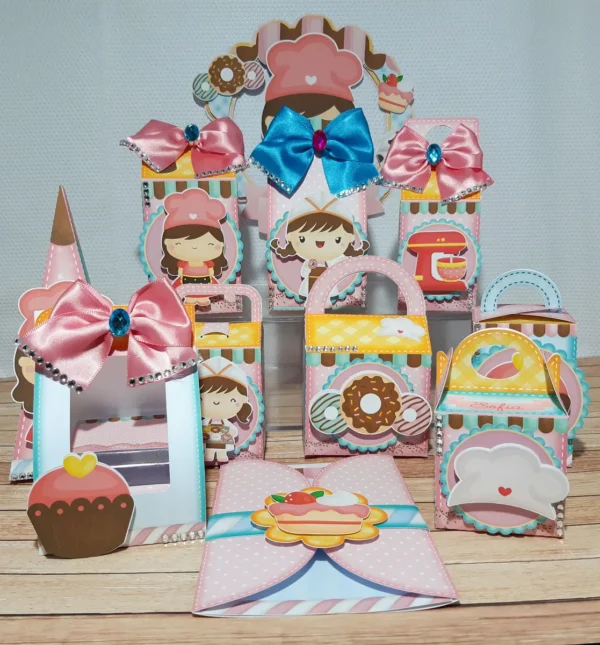 Elementos de decoração premium tema confeitaria luxo em formatos digitais Studio e PDF.