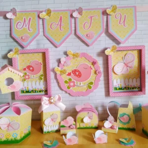 Arquivo digital para festa no tema Passarinhos e Jardim em formatos Studio, PNG e PDF.