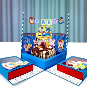 Arquivo de corte digital para festa na caixa tema Circo Azul no formato Silhouette Studio, com moldes de caixas e suportes para personalizados de luxo.