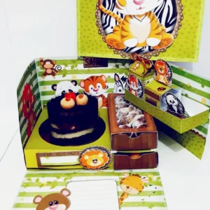 Arquivo digital para festa na caixa no tema Safari em formato Studio e PDF.