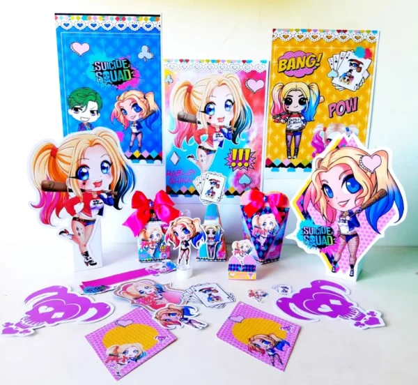 Arquivo digital de corte para kit festa infantil no tema Arlequina em formatos Studio e PDF.