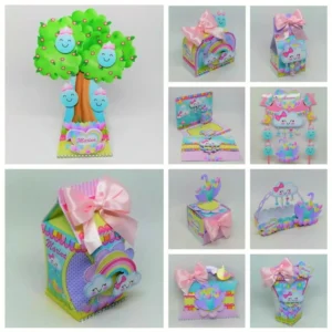 Elementos de decoração para tema de aniversário infantil Chuva de Amor em arquivo digital Studio.