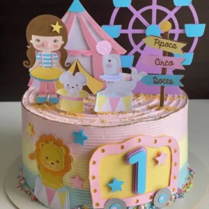 Arquivo de corte digital para topo de bolo tema Circo Rosa Aquarela no formato Studio para máquinas Silhouette, com texturas delicadas e alta resolução.