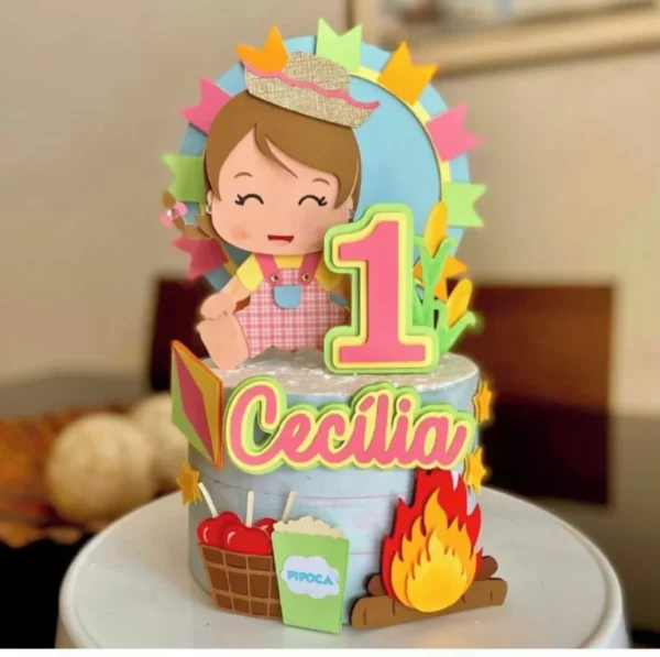 Arquivo de corte digital para topo de bolo tema Festa Junina Menina no formato Studio para máquinas Silhouette, com ilustrações juninas delicadas e elementos em alta resolução.