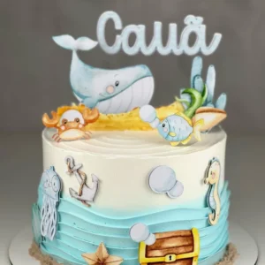 Topo de bolo tema Fundo do Mar Masculino em arquivo digital para Silhouette Studio com animais marinhos e tons azuis.