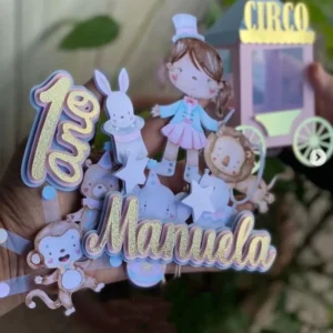 Arquivo de corte digital para topo de bolo tema Palhacinha e Circo no formato Studio para máquinas Silhouette, com ilustrações coloridas e alta resolução.