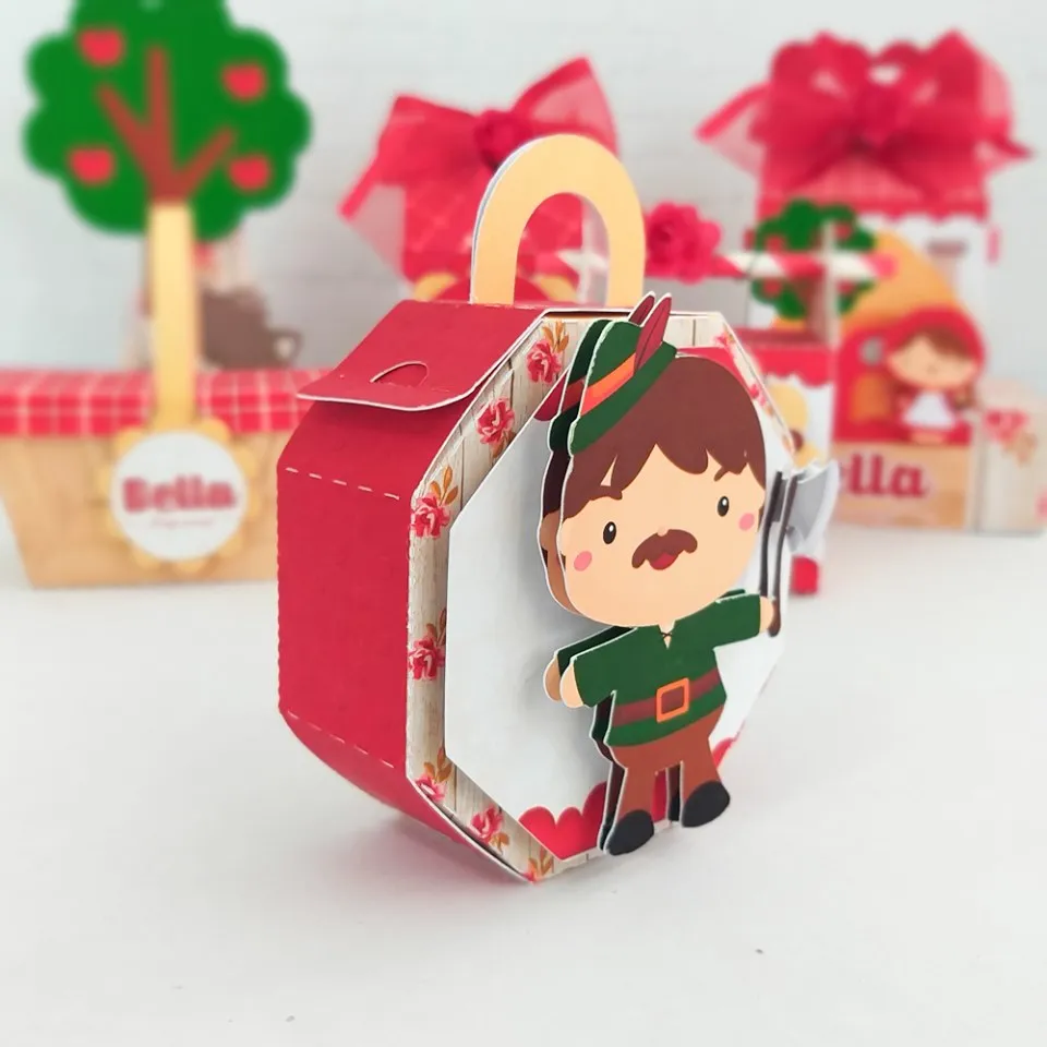Lembrancinhas, árvores e apliques da Chapeuzinho Vermelho prontos para recortar em Studio e PDF para aniversário.
