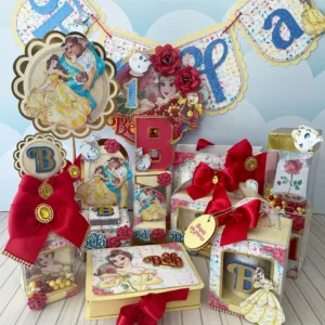 Kit digital de personalizados para festa de aniversário da Bela e a Fera nos formatos Silhouette Studio, PNG e PDF.