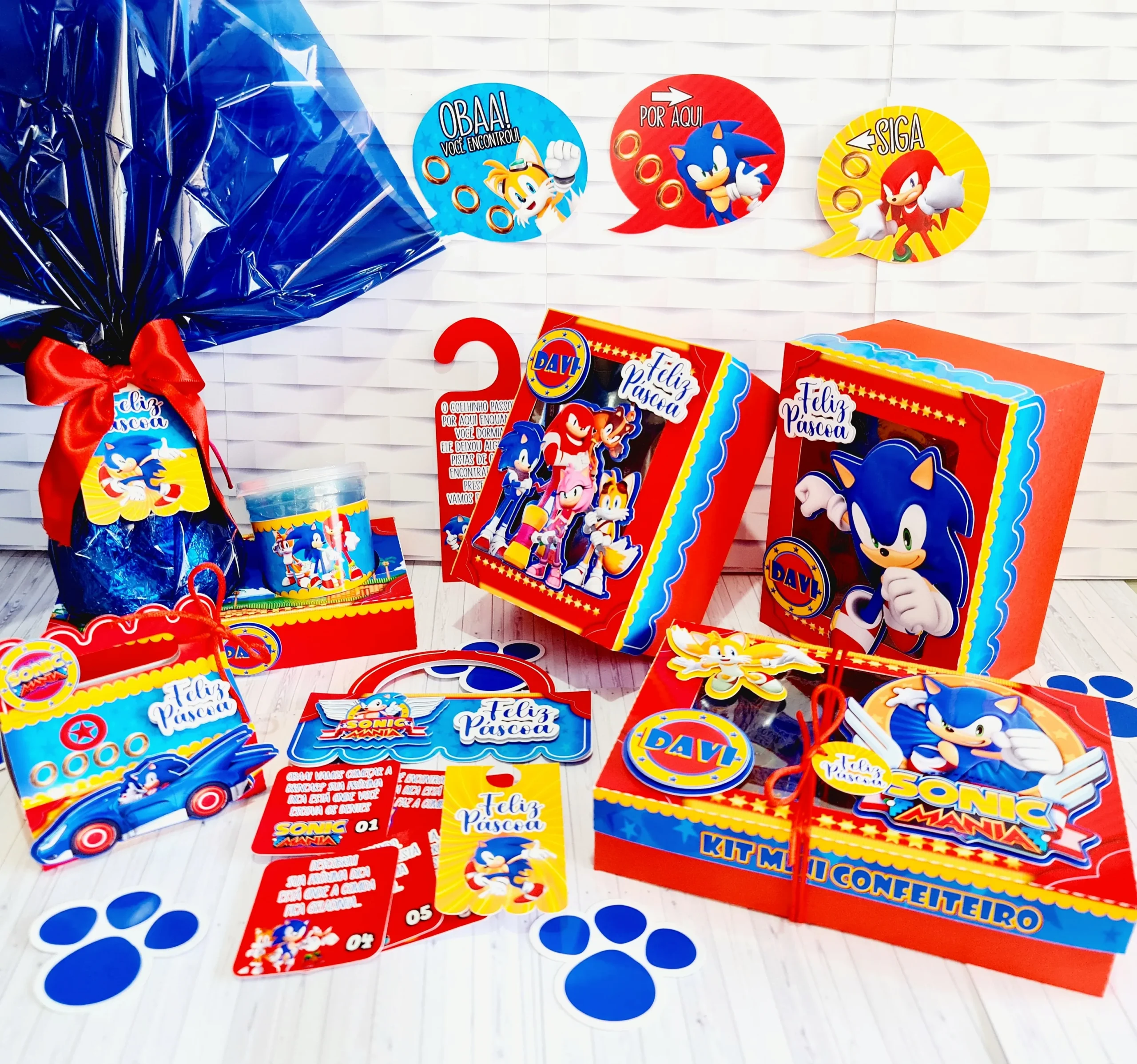 Moldes de scrapfesta para embalagens e caixas de Páscoa do Sonic nos formatos Silhouette Studio, PNG e PDF.