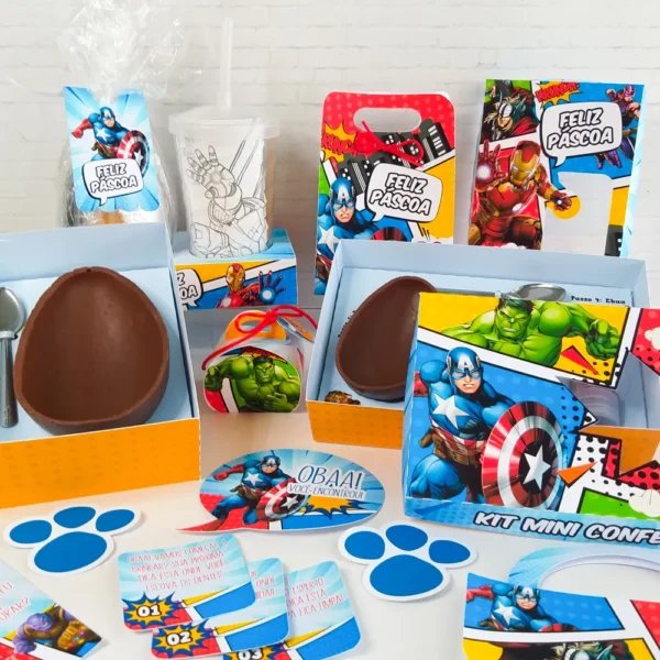 Kit de arquivo digital no tema Páscoa Vingadores em formatos Studio e PDF para personalizados.