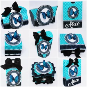 Enfeites, tags e embalagens de presente de 15 anos azul em formato Silhouette Studio.