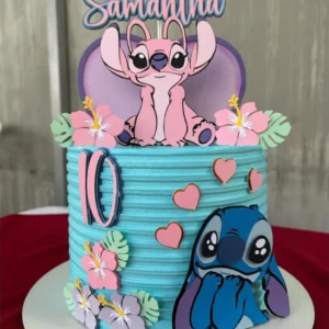 Arquivo digital de topo de bolo dos personagens Stitch e Angel em formato Silhouette Studio para papelaria personalizada.