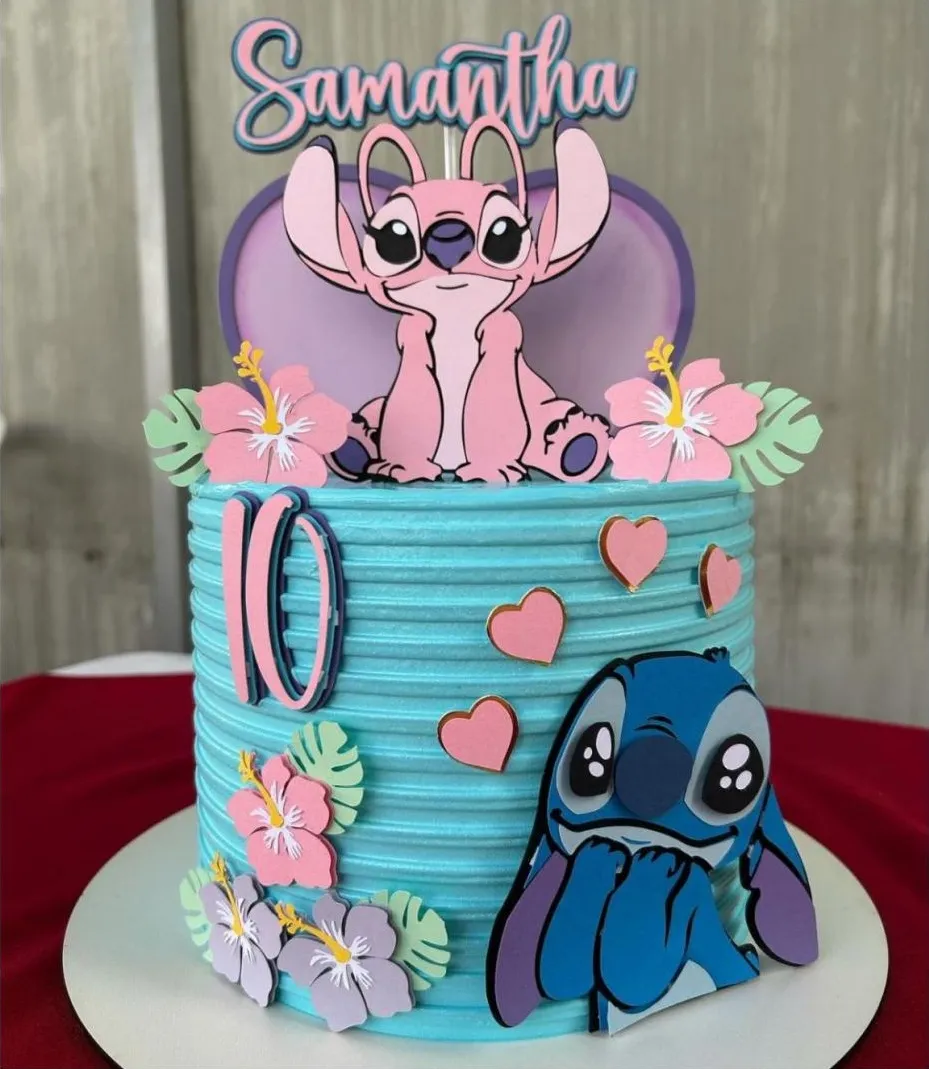 Arquivo digital de topo de bolo dos personagens Stitch e Angel em formato Silhouette Studio para papelaria personalizada.