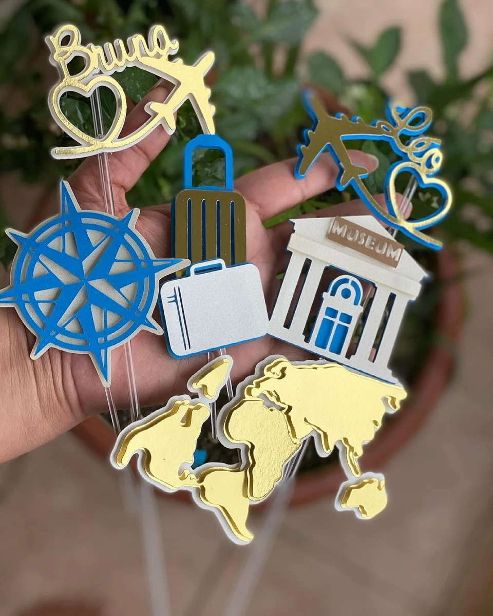 Arquivo digital de topo de bolo no tema Viagem em formato Silhouette Studio para scrapfesta.