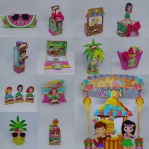 Kit digital de personalizados no tema festa havaiana nos formatos Silhouette Studio e PDF para scrapfesta.