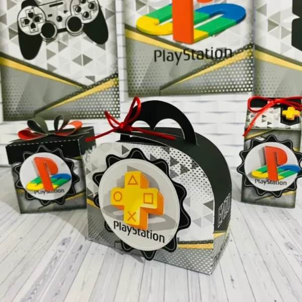Topper de bolo e elementos de decoração tema PlayStation prontos para imprimir e recortar.