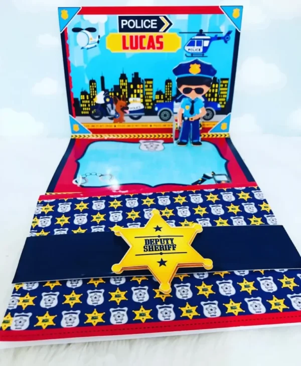 Itens personalizados para aniversário de Polícia em arquivo digital Studio e PDF.