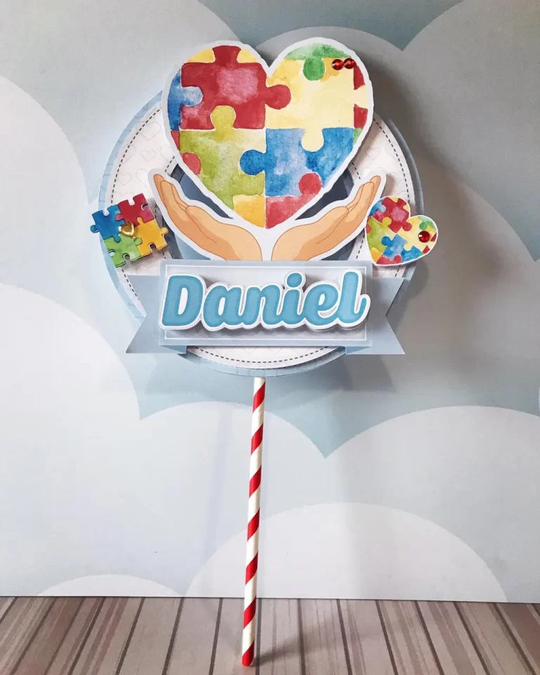 Moldes digitais com símbolo do Autismo e cores vibrantes para centro de mesa em Studio, PNG e PDF.