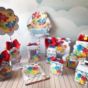 Centro de mesa personalizado com estampa de quebra-cabeça do Autismo nos formatos Studio, PNG e PDF para scrapfesta.