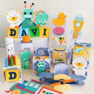 Enfeites de mesa personalizados e apliques de brinquedos prontos para recortar nos formatos Studio e PDF.