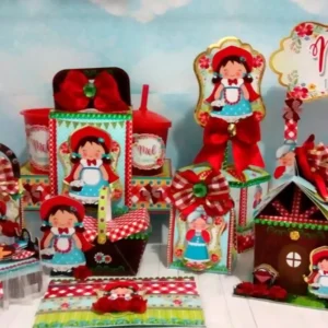 Kit digital de personalizados para centro de mesa de festa infantil Chapeuzinho Vermelho nos formatos Silhouette Studio e PDF.
