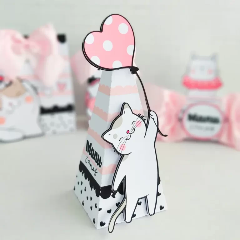 Moldes digitais com elementos de gatinhas fofas e pegadas para centro de mesa em Studio e PDF.