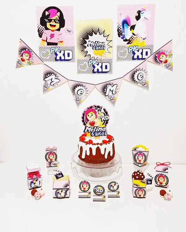 Centro de mesa personalizado PK XD Menina em formato Studio e PDF para decoração de festa infantil.