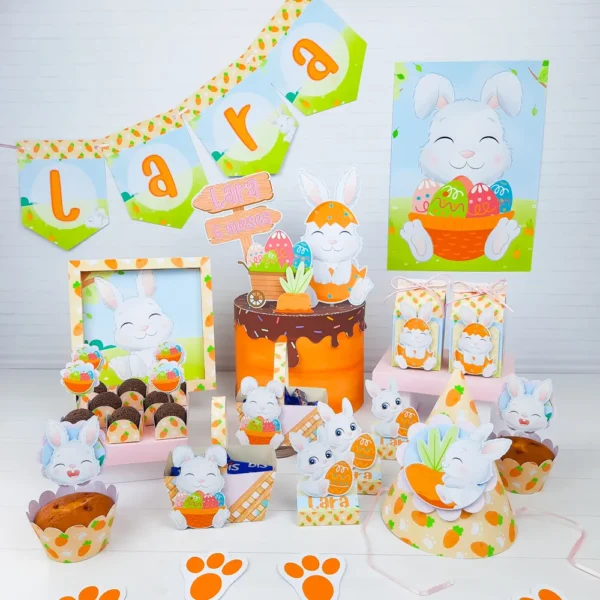 Kit digital de personalizados de coelhinho da Páscoa para decoração nos formatos Silhouette Studio e PDF.
