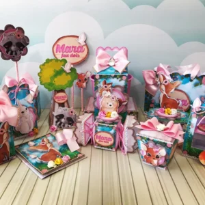 Kit digital de personalizados para Decoração Bosque Encantado Rosa em tons pastéis para festa infantil de menina.