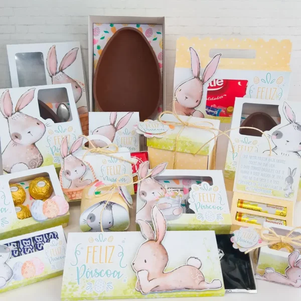 Kit digital de personalizados para decoração Coelhinho da Páscoa nos formatos Silhouette Studio e PDF.