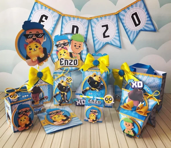 Kit de decoração festa infantil tema PK XD nos formatos Studio, PNG e PDF para personalizados.