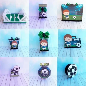 Arquivo digital de corte para itens de decoração de festa infantil no tema futebol em formatos Studio e PDF.