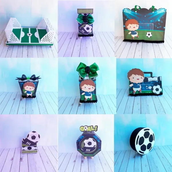 Arquivo digital de corte para itens de decoração de festa infantil no tema futebol em formatos Studio e PDF.
