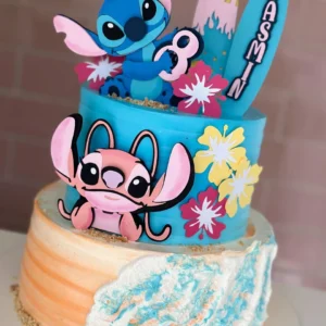 Arquivo digital de topo de bolo no tema Stitch e Angel Rosa em formato Silhouette Studio para papelaria personalizada.
