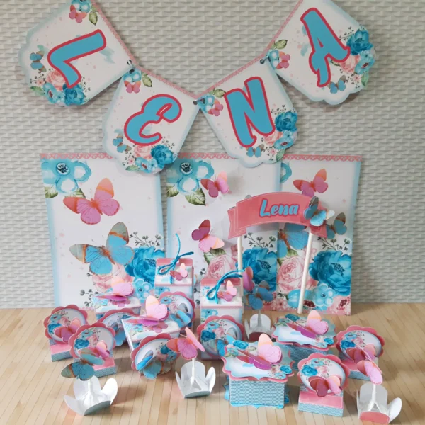 Kit digital de personalizados para Decoração Borboleta Azul nos formatos Studio, PNG e PDF para scrapfesta.