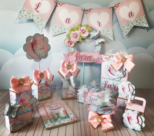 Kit digital de personalizados para Decoração Borboleta Rosa nos formatos Studio, PNG e PDF para scrapfesta.