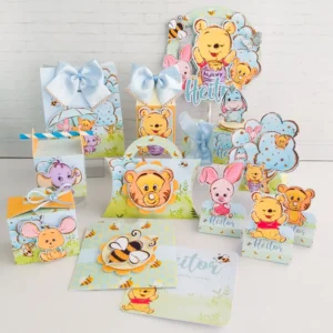 Moldes fáceis de caixas e embalagens decoradas do Ursinho Pooh Baby nos formatos Silhouette Studio e PDF.