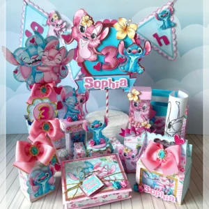 Kit digital de personalizados para decoração de festa das personagens Stitch e Angel nos formatos Silhouette Studio e PDF.