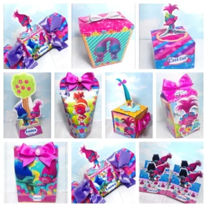 Kit digital de personalizados para decoração no tema Trolls em formato Silhouette Studio.