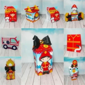 Kit digital de personalizados para festa de aniversário no tema Bombeiros nos formatos Silhouette Studio e PDF.