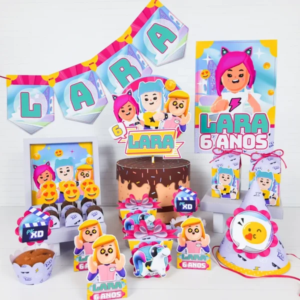 Itens de festa de aniversário PK XD Rosa nos formatos Studio e PDF para decoração personalizada.