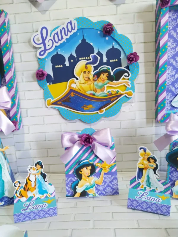 Moldes digitais com elementos do castelo e palácio para Festa da Princesa Jasmine em Studio, PNG e PDF.