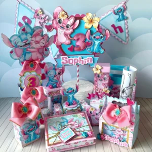 Kit digital de personalizados para festa tema Stitch e Angel nos formatos Silhouette Studio, PNG e PDF.