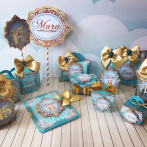 Kit digital de personalizados para festa de 15 anos na cor azul tiffany nos formatos Silhouette Studio e PDF.