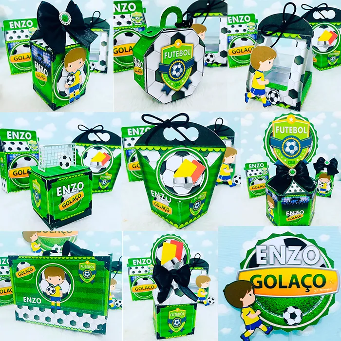 Arquivo digital de corte para itens de festa de aniversário no tema futebol em formatos Studio e PDF.