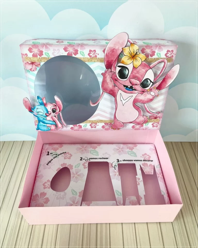 Caixinhas personalizadas e elementos do kit confeiteiro Stitch e Angel nos formatos Studio, PNG e PDF.