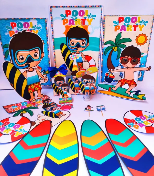 Design de corte para festa de aniversário no tema Pool Party em formatos Studio e PDF.