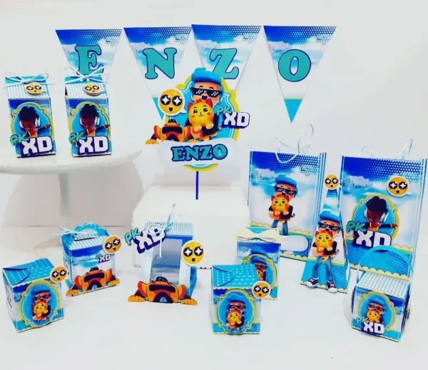 Kit completo de tema de aniversário do PK XD nos formatos Studio e PDF para decoração de festa.