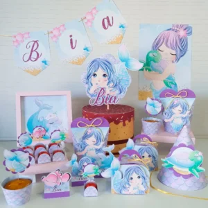 Kit digital de personalizados para festa infantil no tema de aniversário de sereia nos formatos Silhouette Studio e PDF.